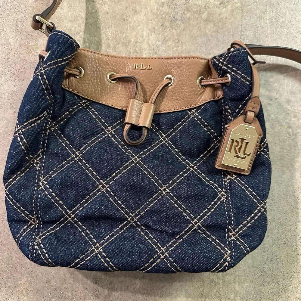Lauren Ralph Lauren Medium Denim leather crosstitch bag Designer‎ soldout